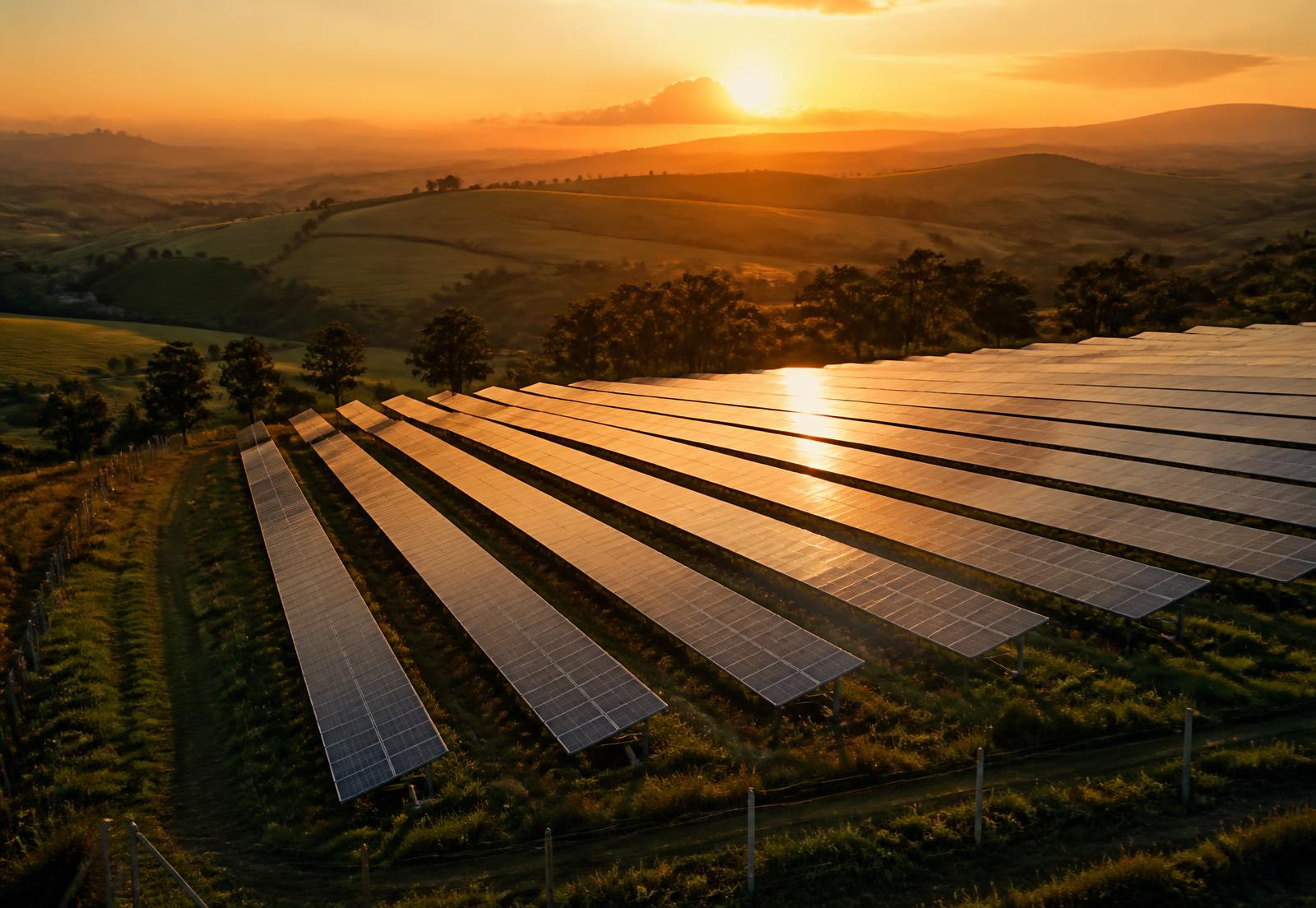 Usina solar da Sinergi ao entardecer, com fileiras de painéis fotovoltaicos